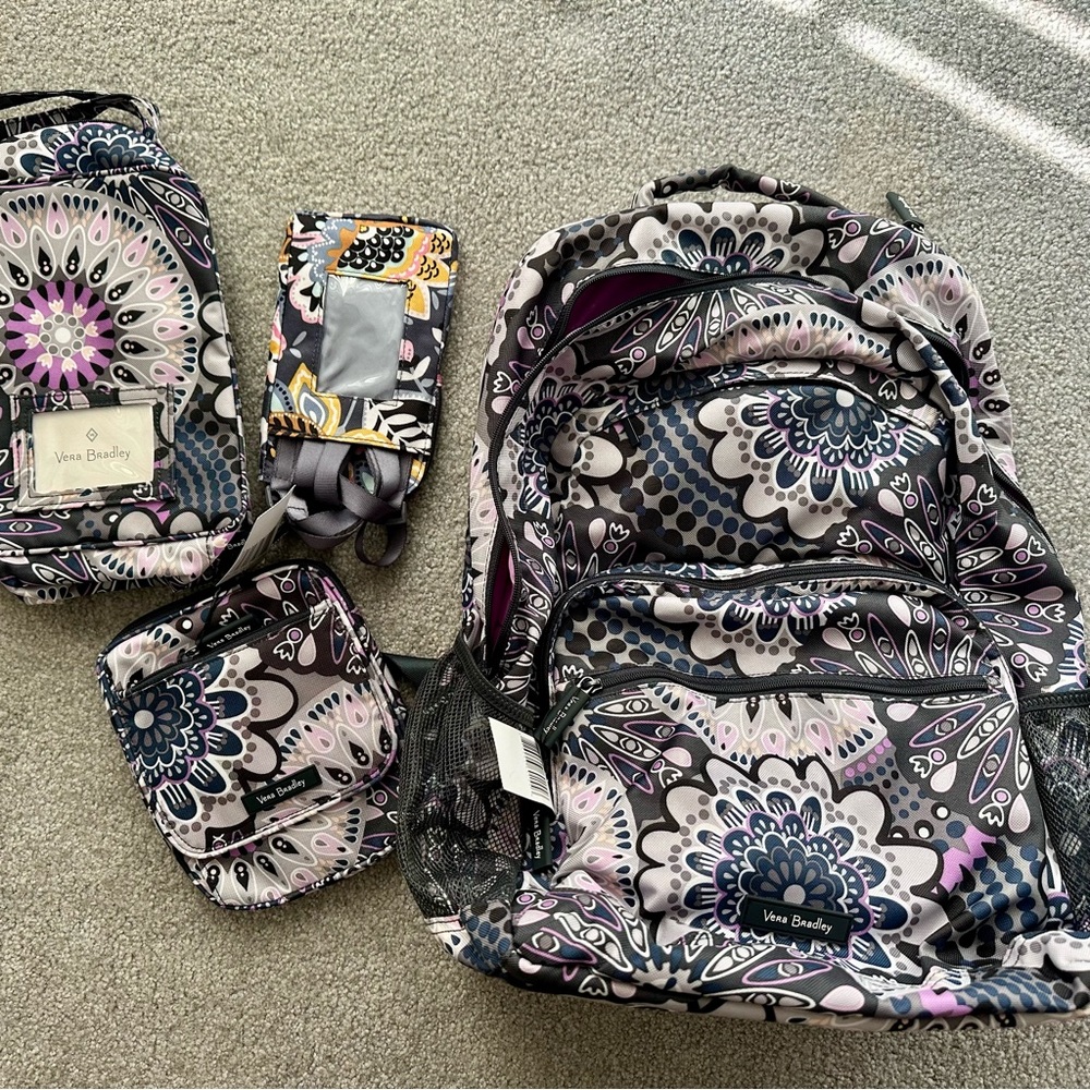 Vera Bradley: backpack, lunch box, phone holder, and small crossbody bag